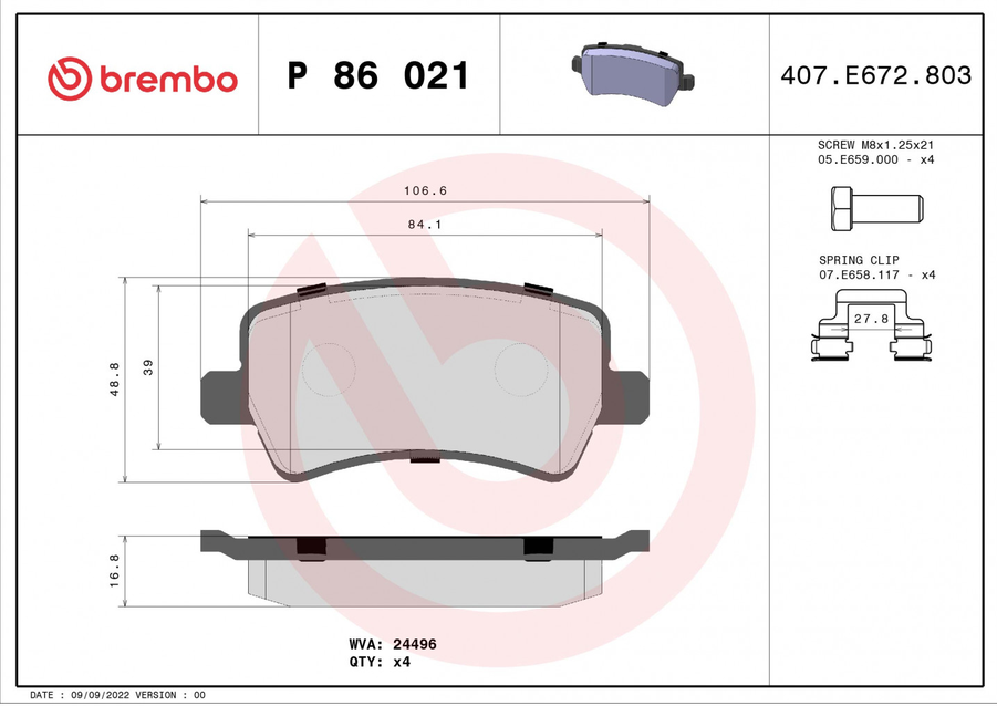 Kit de plaquettes de frein BREMBO P 86 021 – Essieu arrière