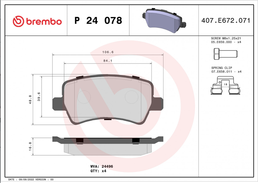Kit de plaquettes de frein BREMBO P 24 078 – Essieu arrière