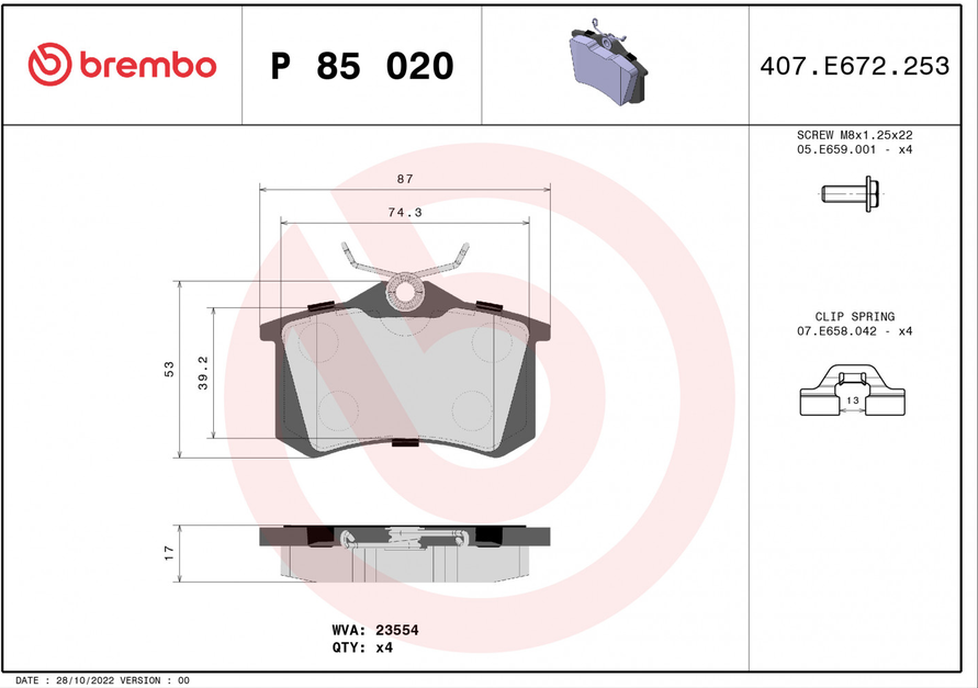 Kit de plaquettes de frein BREMBO P 85 020 – Essieu arrière