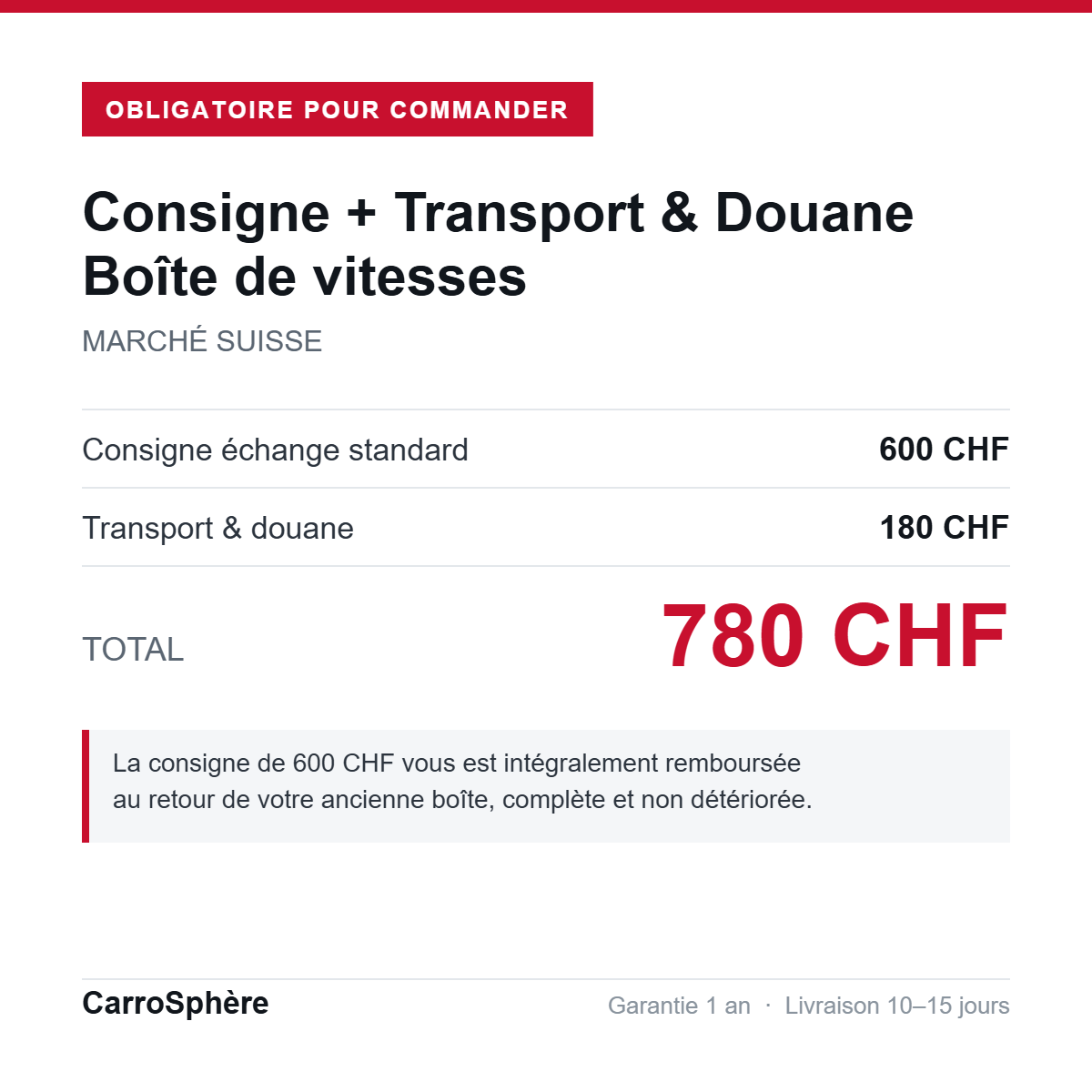 Consigne 600 CHF + transport et douane 180 CHF = 780 CHF, boite de vitesses echange standard livree en Suisse