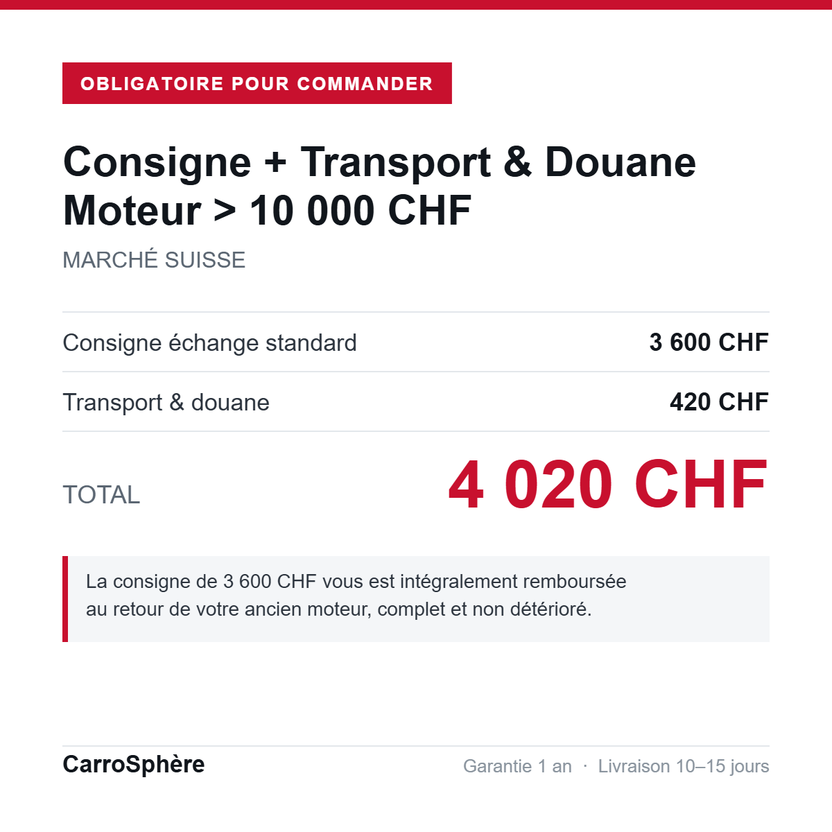 Consigne 3 600 CHF + transport et douane 420 CHF = 4 020 CHF, moteur de plus de 10 000 CHF livre en Suisse