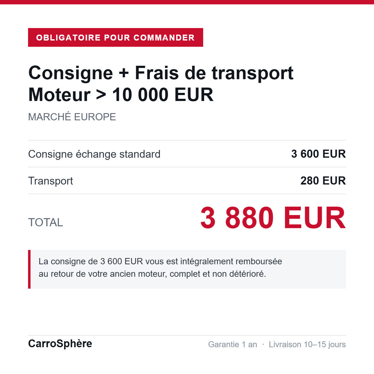 Consigne 3 600 EUR + transport 280 EUR = 3 880 EUR, moteur de plus de 10 000 EUR livre en Europe