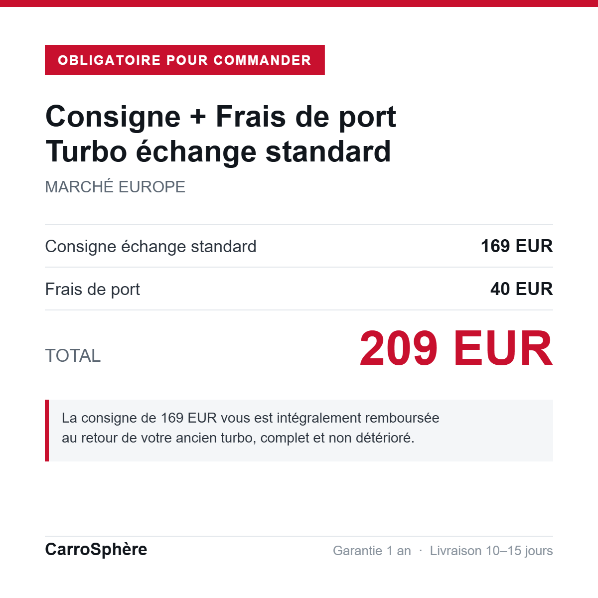 Consigne 169 EUR + frais de port 40 EUR = 209 EUR, turbo echange standard livre en Europe