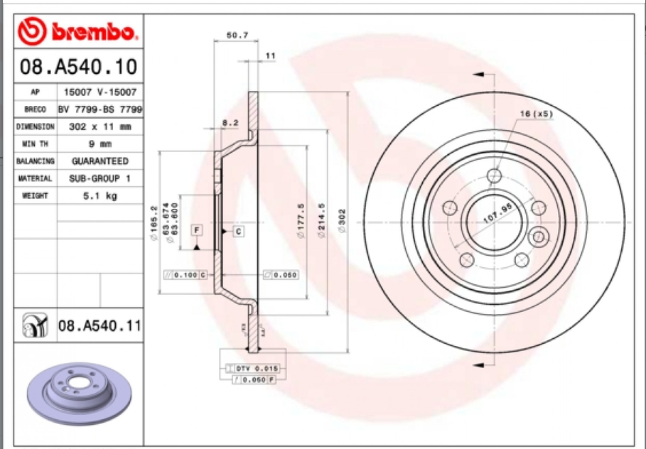 Disque de frein BREMBO 08.A540.11 – Essieu arrière plein 302mm