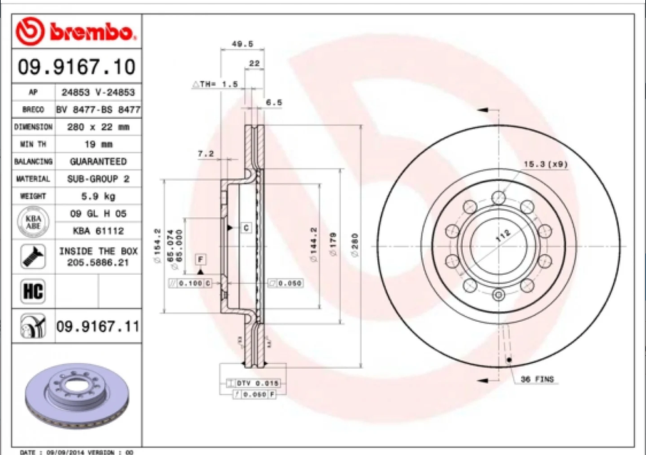 Disque de frein BREMBO 09.9167.11