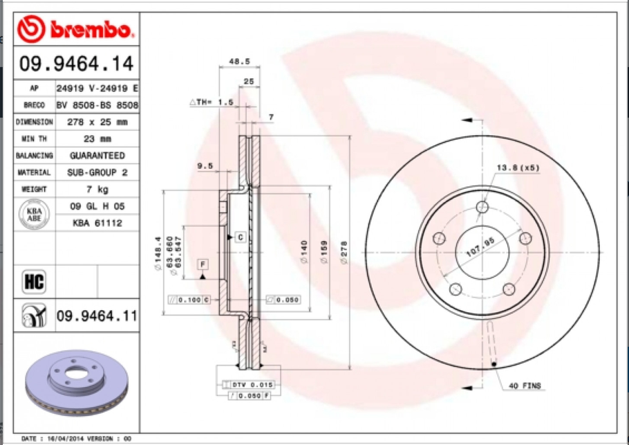 Disque de frein BREMBO 09.9464.11 – Essieu avant ventilé 278mm