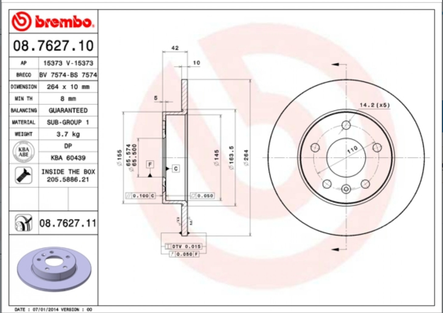 Disque de frein BREMBO 08.7627.11