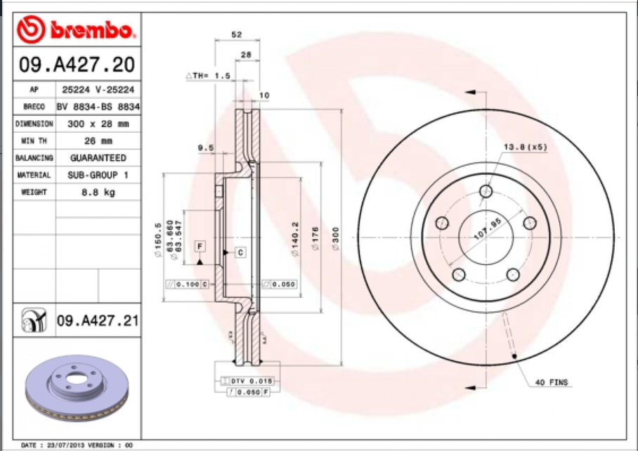 Disque de frein BREMBO 09.A427.21 – Essieu avant ventilé 300mm