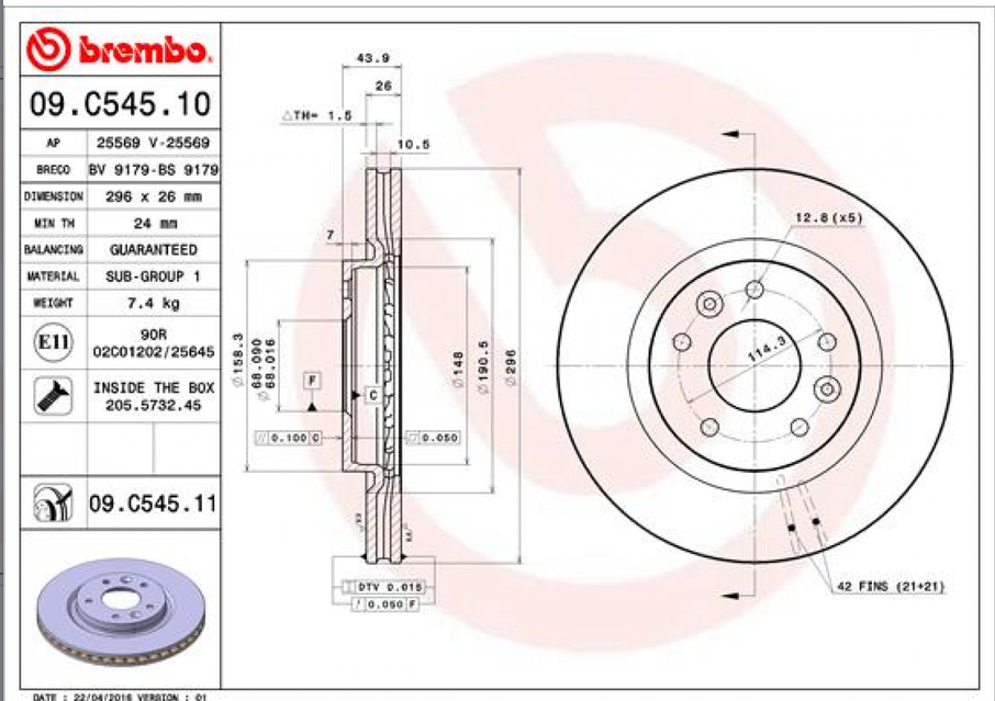 Disque de frein BREMBO 09.C545.11