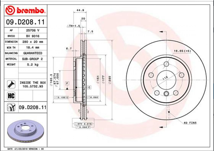 Disque de frein BREMBO 09.D208.11