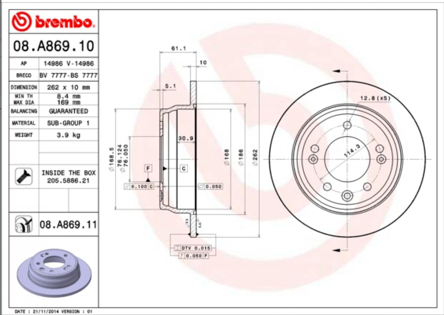 Disque de frein BREMBO 08.A869.11