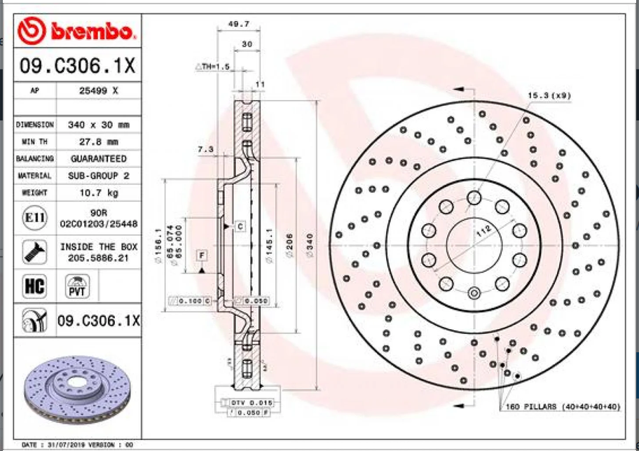 Disque de frein BREMBO 09.C306.1X – Xtra Line – Avant – Perforé/Ventilé – 340mm