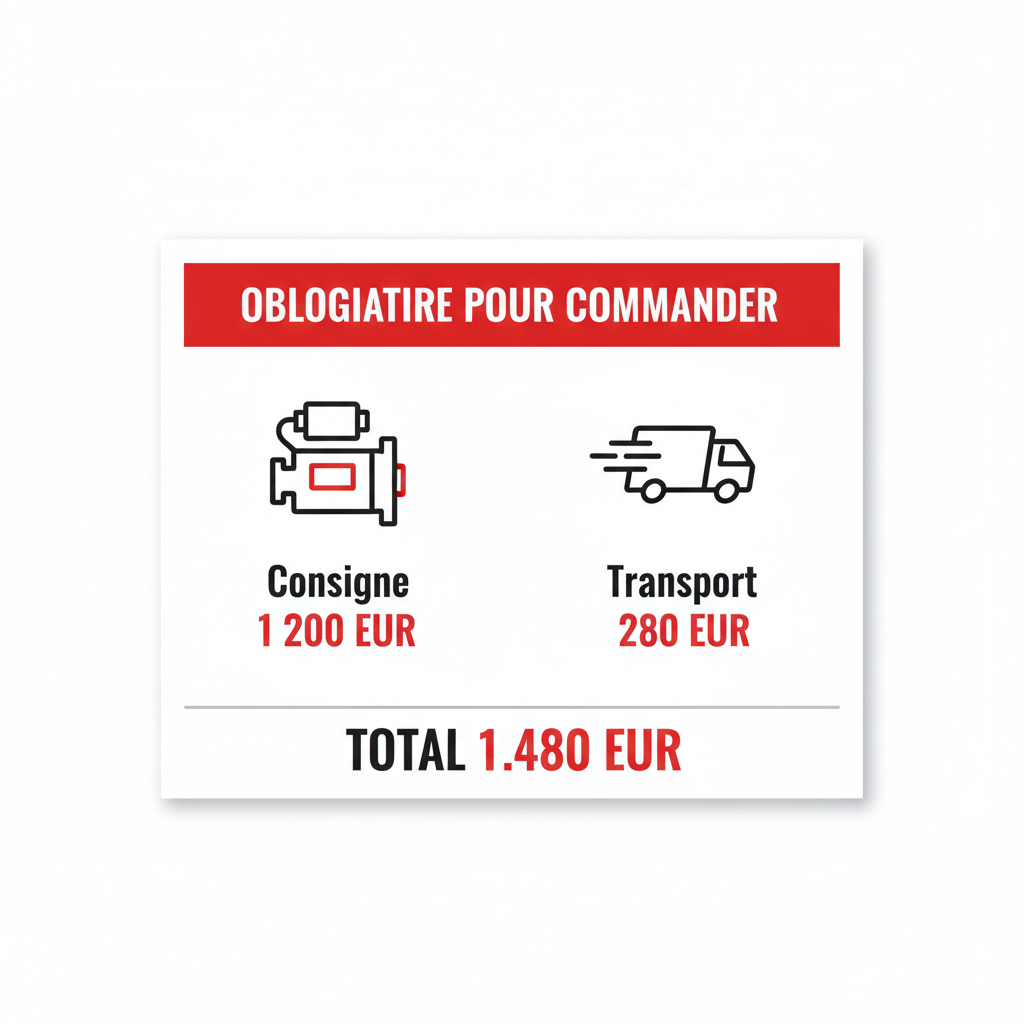 Consigne + Frais de transport Moteur Diesel Europe â€” Consigne 1 200 EUR + Transport 280 EUR = Total 1 480 EUR
