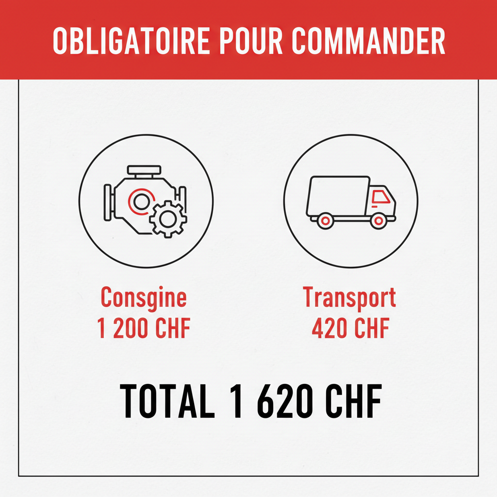 Consigne + Frais de transport Moteur Diesel Suisse — Consigne 1 200 CHF + Transport 420 CHF = Total 1 620 CHF